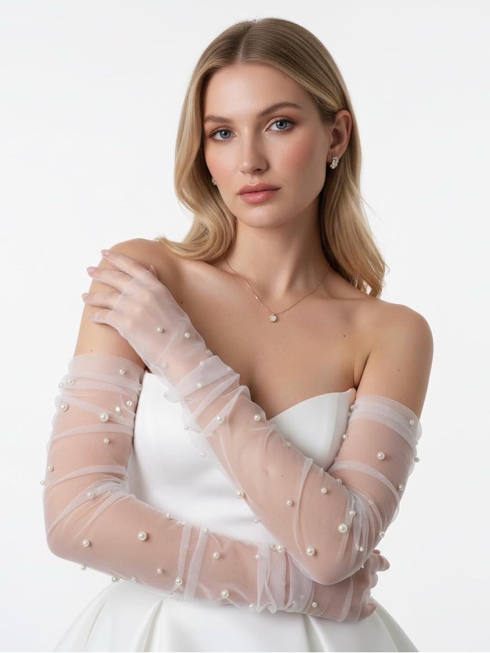 Sheer Pearl-Embellished Bridal Sleeves- White